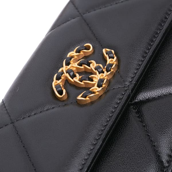 Pre-owned Chanel Lambskin 19 Flap Coin Purse With Chain Black