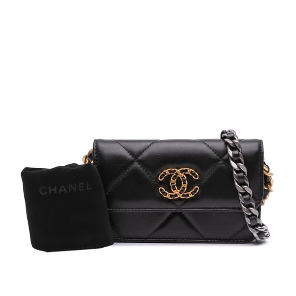 Pre-owned Chanel Lambskin 19 Flap Coin Purse With Chain Black