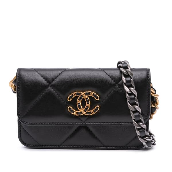Pre-owned Chanel Lambskin 19 Flap Coin Purse With Chain Black