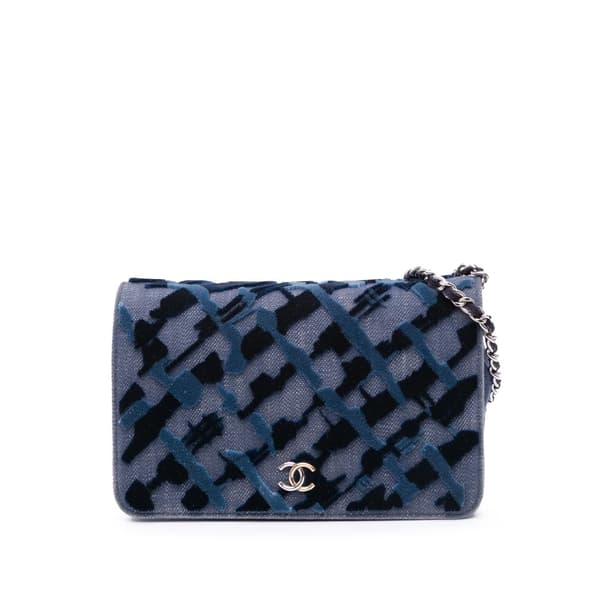Pre-owned Chanel Denim and Velvet Wallet On Chain Blue