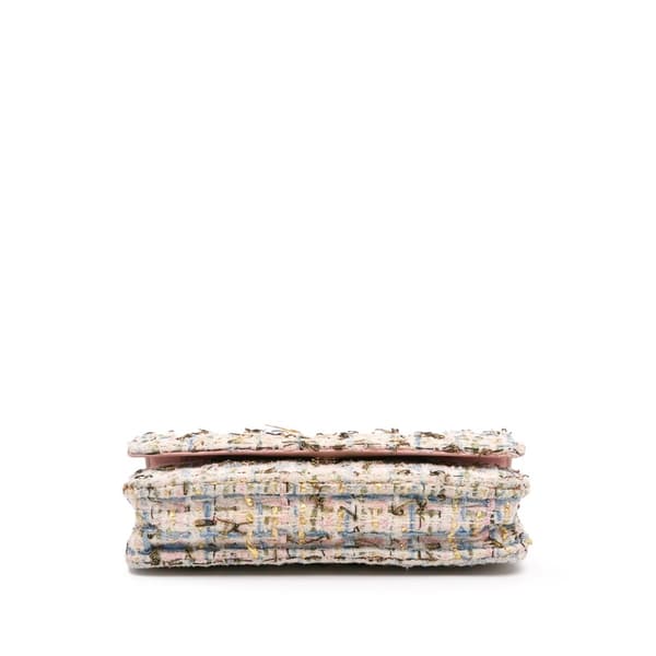Pre-owned Chanel Quilted Boucle Tweed Charm Wallet On Chain Pink