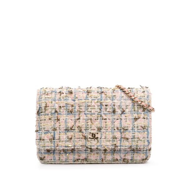 Pre-owned Chanel Quilted Boucle Tweed Charm Wallet On Chain Pink