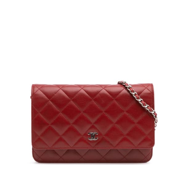 Pre-owned Chanel CC Quilted Lambskin Wallet on Chain Red