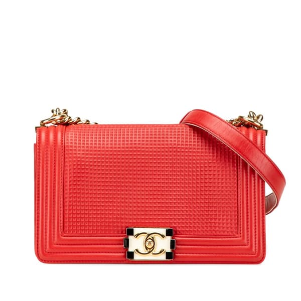 Pre-owned Chanel Old Medium Lambskin Embossed Cube Boy Flap Red