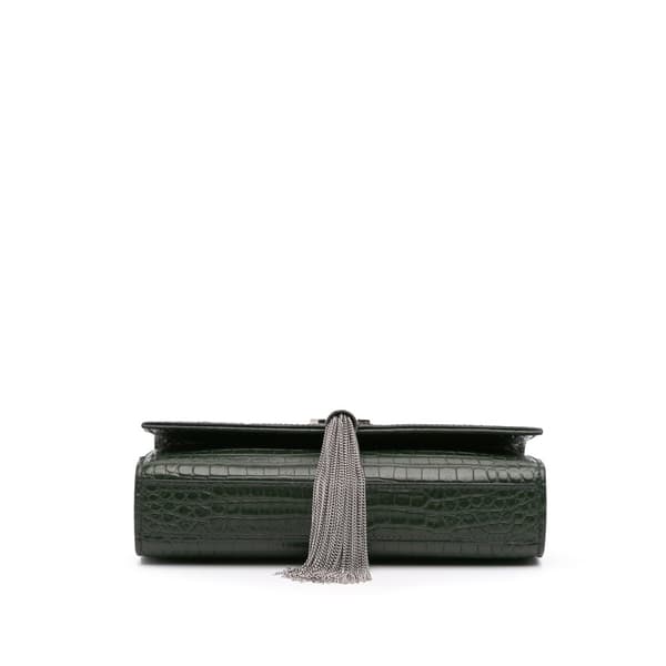 Pre-owned Saint Laurent Medium Croc Embossed Leather Kate Tassel Crossbody Green