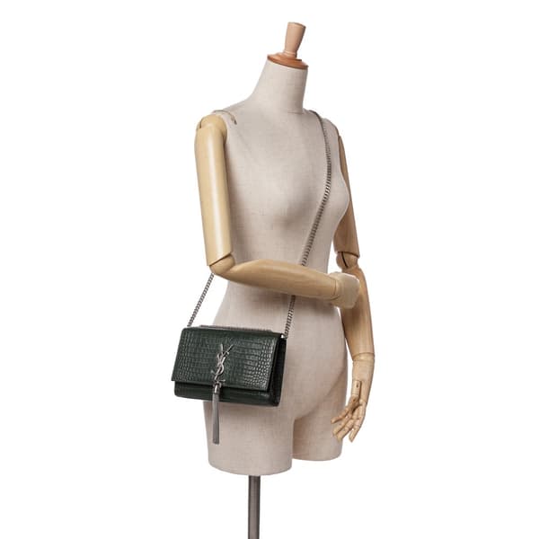 Pre-owned Saint Laurent Medium Croc Embossed Leather Kate Tassel Crossbody Green