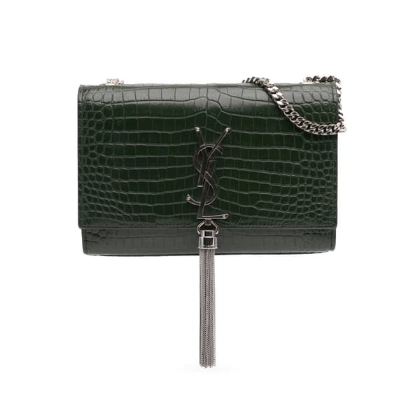 Pre-owned Saint Laurent Medium Croc Embossed Leather Kate Tassel Crossbody Green