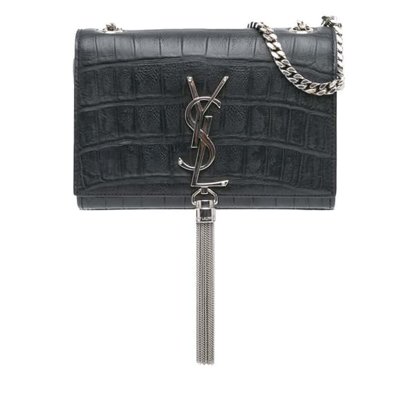 Pre-owned Saint Laurent Mini Croc Embossed Kate Tassel Crossbody Black