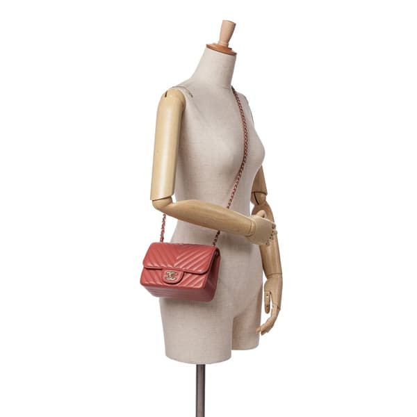 Pre-owned Chanel Mini Square Classic Chevron Lambskin Single Flap Orange