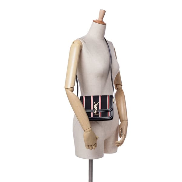 Pre-owned Saint Laurent Small Canvas Striped Solferino Satchel In Box Black