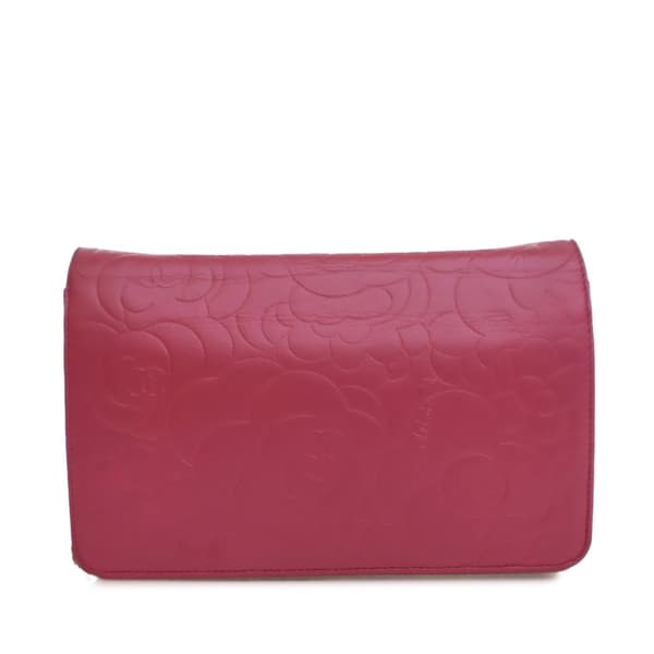 Pre-owned Chanel Embossed Lambskin Camellia Wallet On Chain Pink