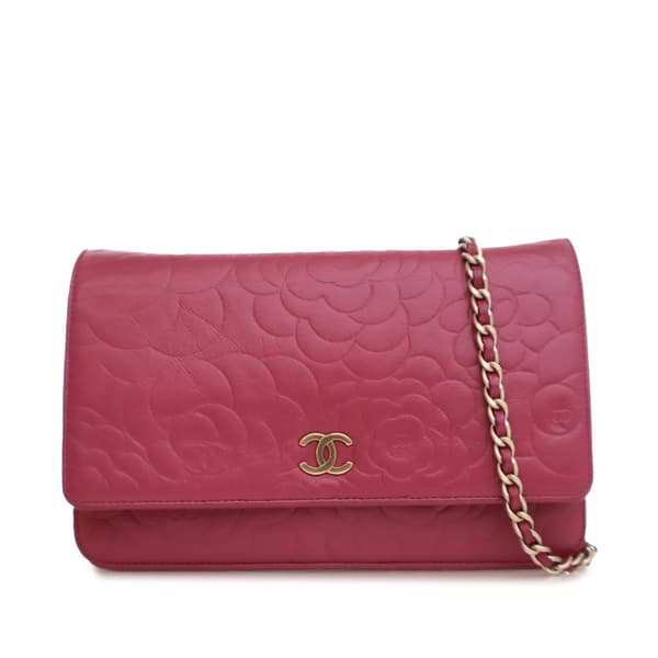 Pre-owned Chanel Embossed Lambskin Camellia Wallet On Chain Pink