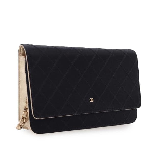 Pre-owned Chanel Bicolor Satin Diamond Stitch Wallet On Chain Black