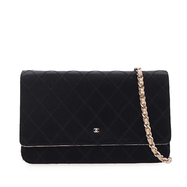 Pre-owned Chanel Bicolor Satin Diamond Stitch Wallet On Chain Black
