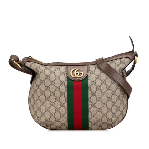 Pre-owned Gucci Small GG Supreme Web Ophidia Half Moon Crossbody Brown