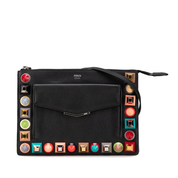 Pre-owned Fendi Mini 2Jours Studded Leather Vitello Dolce Crossbody Black