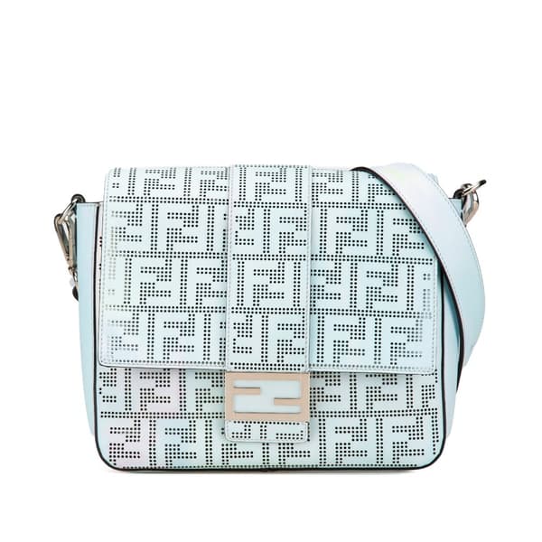 Pre-owned Fendi Medium Zucca Perforated Leather Baguette Messenger Bag Blue
