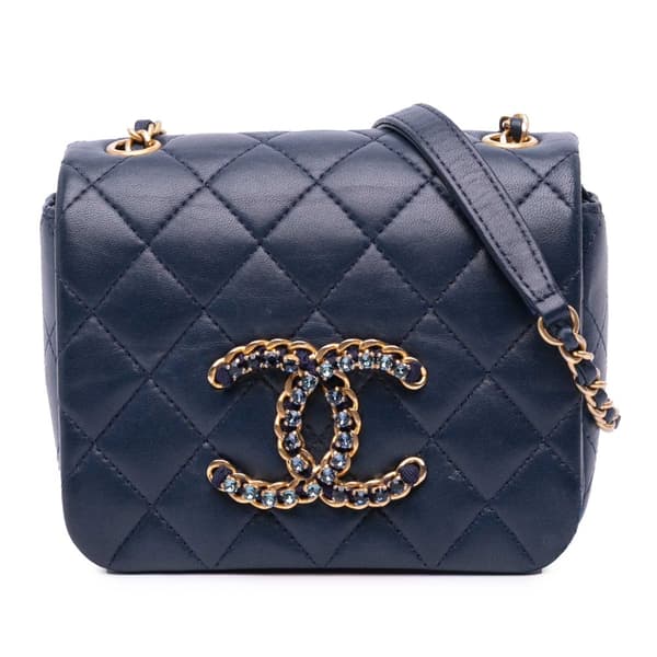 Pre-owned Chanel Mini Lambskin CC Crystal Full flap Blue