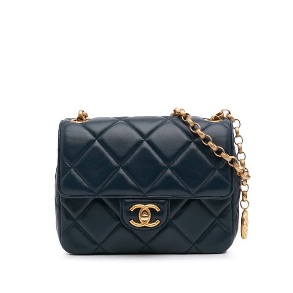Pre-owned Chanel Mini Square CC Quilted Lambskin Flap Blue