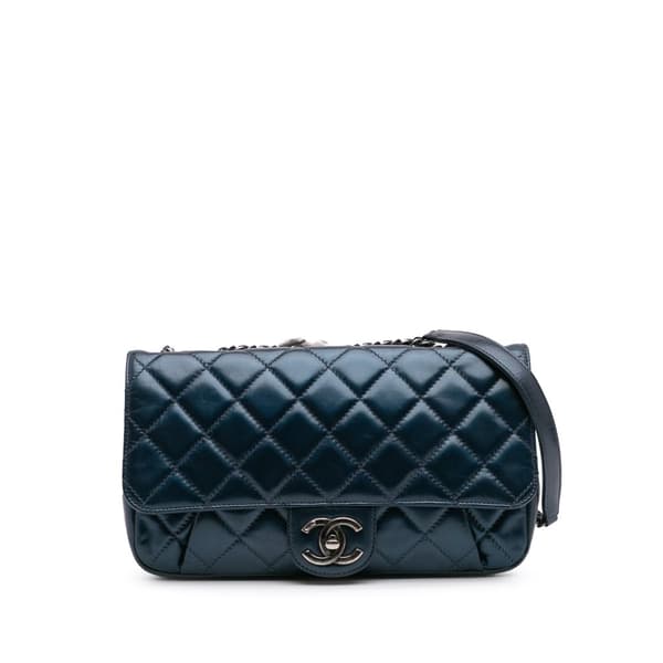 Pre-owned Chanel Quilted Glazed Calfskin Coco Pleats Flap Blue