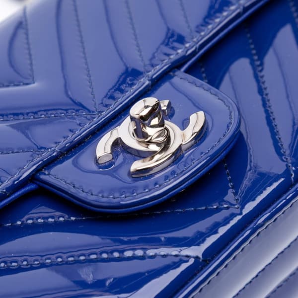 Pre-owned Chanel Mini Rectangular Classic Chevron Patent Single Flap Blue