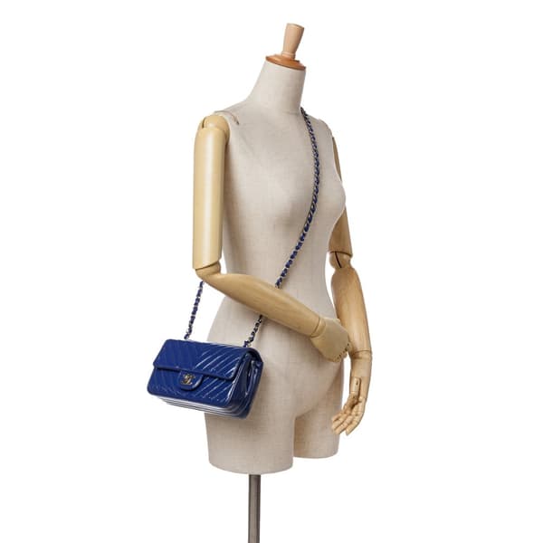 Pre-owned Chanel Mini Rectangular Classic Chevron Patent Single Flap Blue