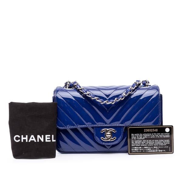 Pre-owned Chanel Mini Rectangular Classic Chevron Patent Single Flap Blue