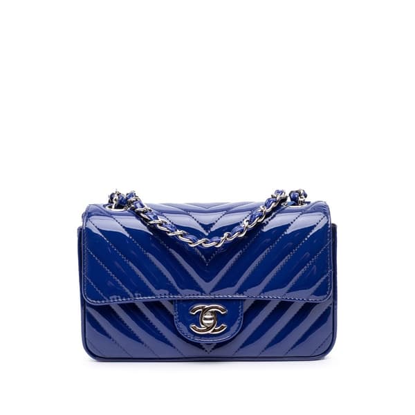 Pre-owned Chanel Mini Rectangular Classic Chevron Patent Single Flap Blue