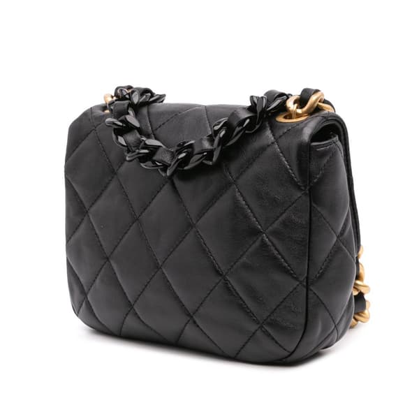 Pre-owned Chanel Mini Quilted Lambskin Lacquered Chain Flap Black