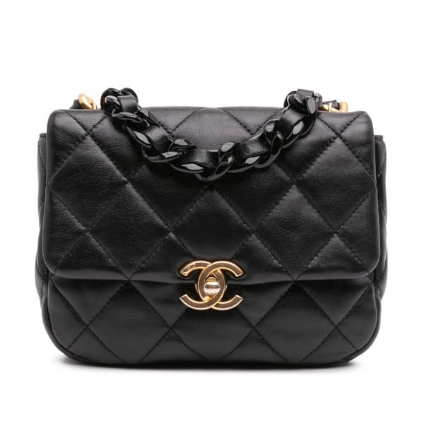 Pre-owned Chanel Mini Quilted Lambskin Lacquered Chain Flap Black