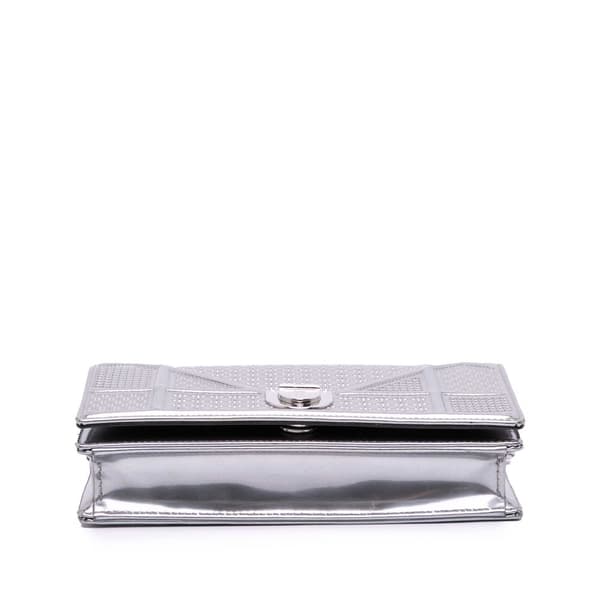 Pre-owned Dior Metallic Patent Microcannage Diorama Wallet on Chain Silver