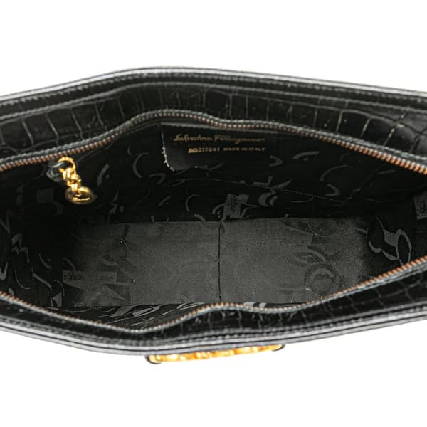 Pre-owned Ferragamo Croc Embossed Leather Gancini Crossbody Black