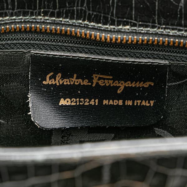 Pre-owned Ferragamo Croc Embossed Leather Gancini Crossbody Black