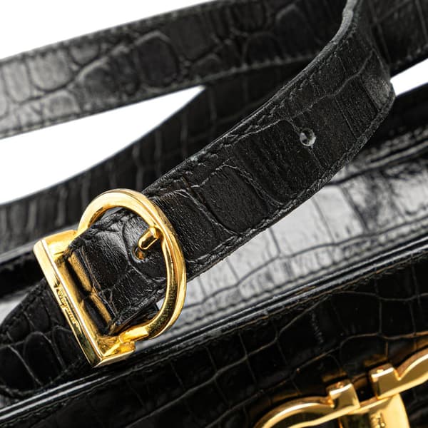 Pre-owned Ferragamo Croc Embossed Leather Gancini Crossbody Black