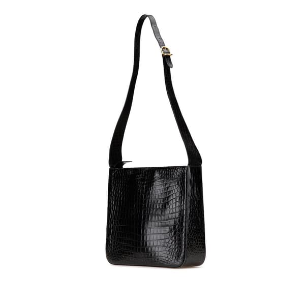 Pre-owned Ferragamo Croc Embossed Leather Gancini Crossbody Black