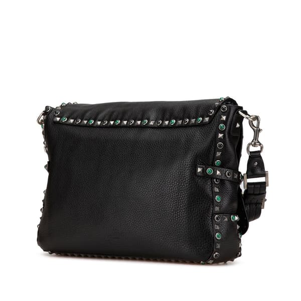 Pre-owned Valentino Pebbled Calfskin Rockstud Rolling Flap Messenger Bag Black
