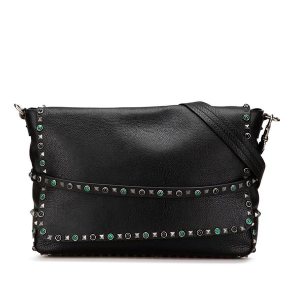 Pre-owned Valentino Pebbled Calfskin Rockstud Rolling Flap Messenger Bag Black