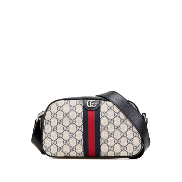 Pre-owned Gucci Small GG Supreme Textured Dollar Calfskin Web Ophidia Camera Bag Brown