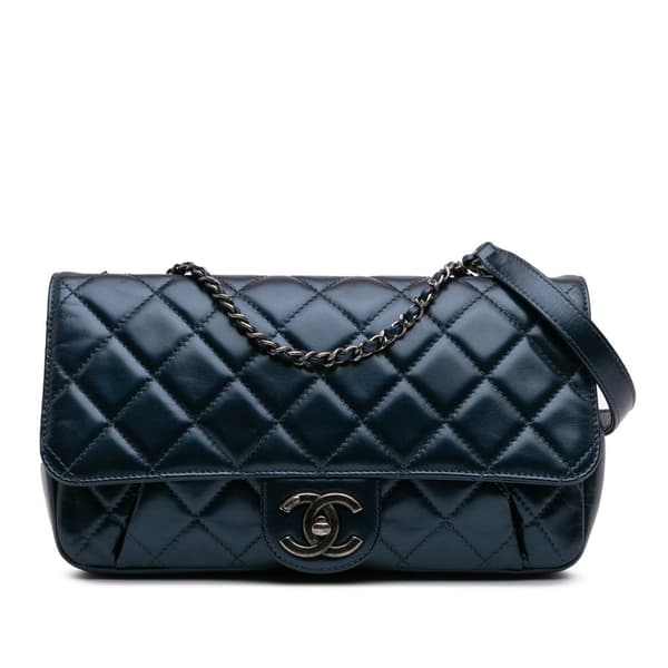 Pre-owned Chanel Quilted Glazed Calfskin Coco Pleats Flap Blue