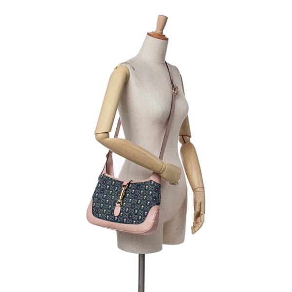 Pre-owned Gucci Small GG Embroidered Denim Floral Jackie 1961 Crossbody Blue