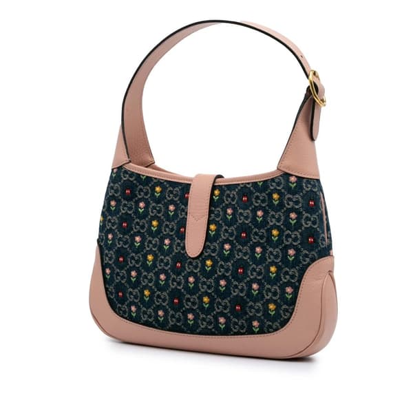 Pre-owned Gucci Small GG Embroidered Denim Floral Jackie 1961 Crossbody Blue