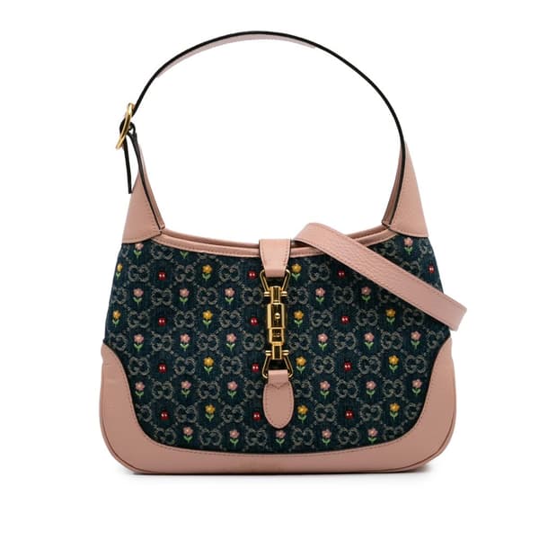 Pre-owned Gucci Small GG Embroidered Denim Floral Jackie 1961 Crossbody Blue