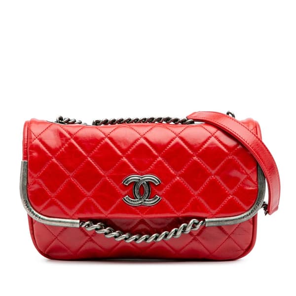 Pre-owned Chanel Aged Calfskin CC Chain Frame Flap Red