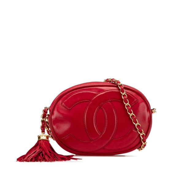 Pre-owned Chanel CC Lambskin Tassel Oval Camera Bag Red