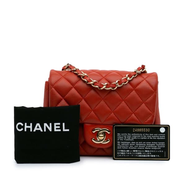 Pre-owned Chanel Mini Square Classic Lambskin Single Flap Orange