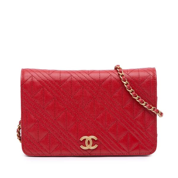 Pre-owned Chanel CC Mixed Quilt Caviar Wallet On Chain Red