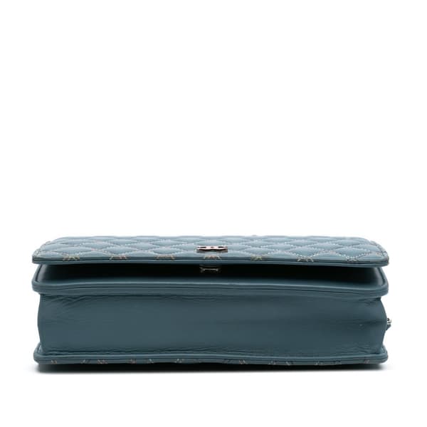 Pre-owned Chanel Quilted Lambskin Double Stitch Wallet On Chain Blue