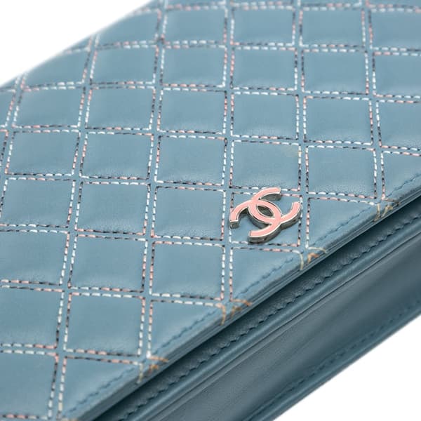 Pre-owned Chanel Quilted Lambskin Double Stitch Wallet On Chain Blue