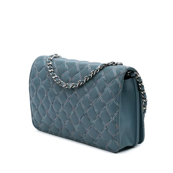 Pre-owned Chanel Quilted Lambskin Double Stitch Wallet On Chain Blue