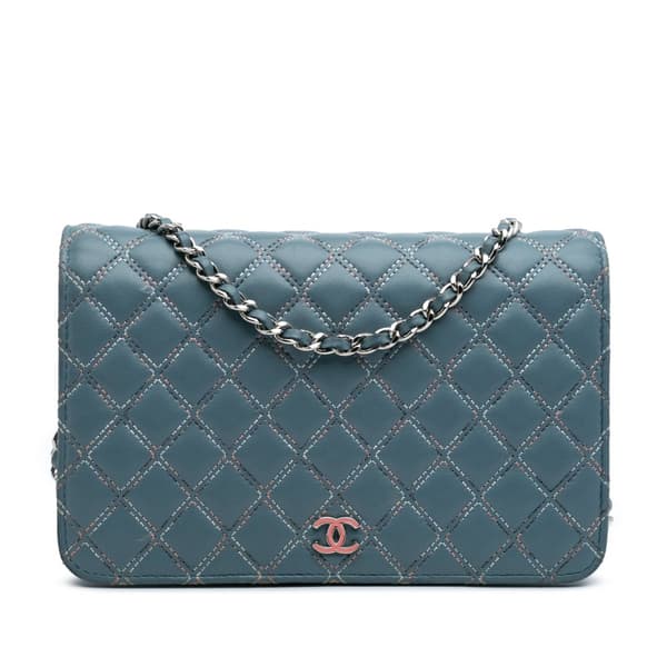 Pre-owned Chanel Quilted Lambskin Double Stitch Wallet On Chain Blue